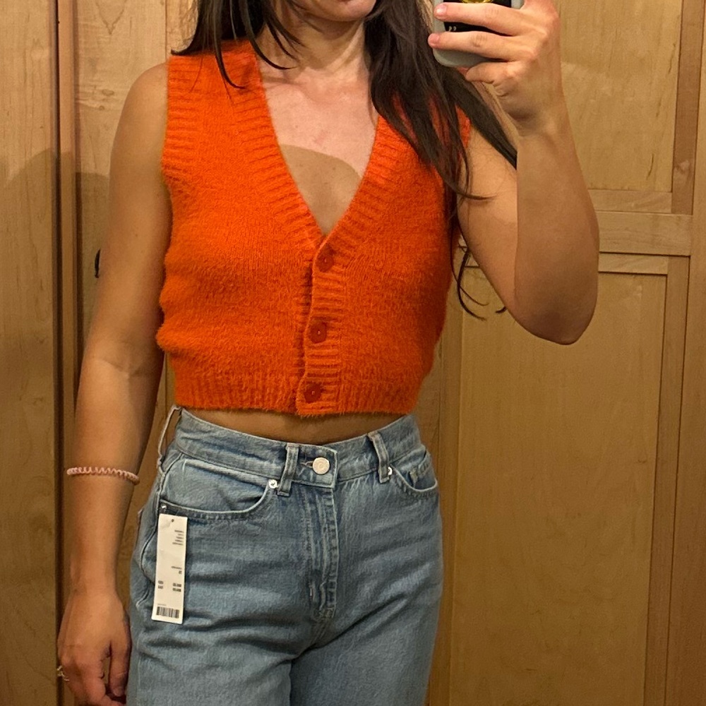 orange urban outfitters xsmall cropped button sleeveless sweater